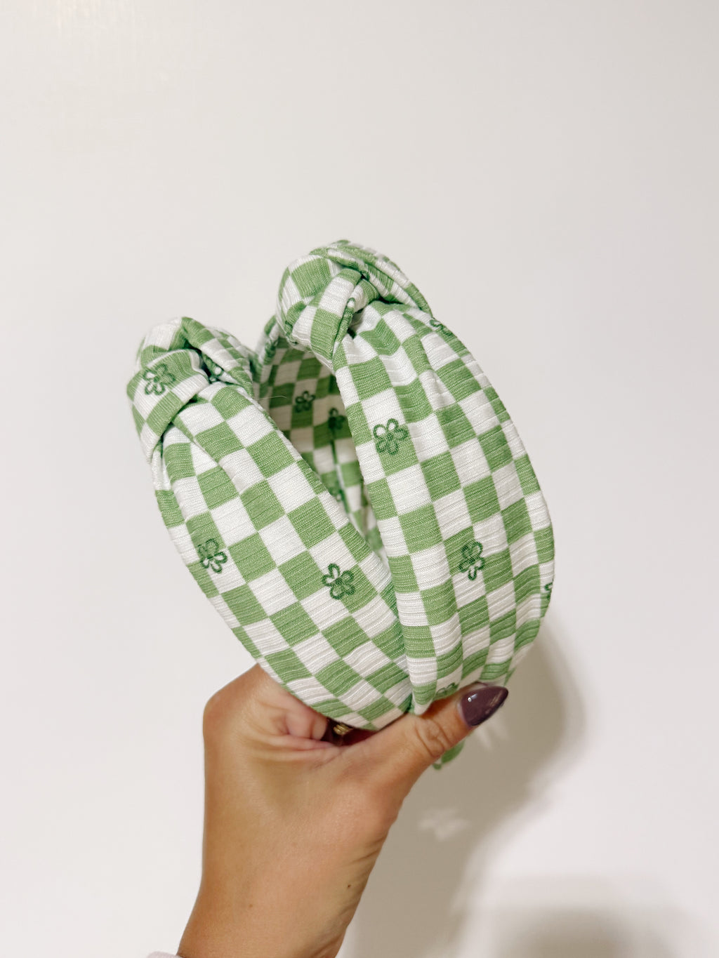 Green Checkered Floral Knotted Headband