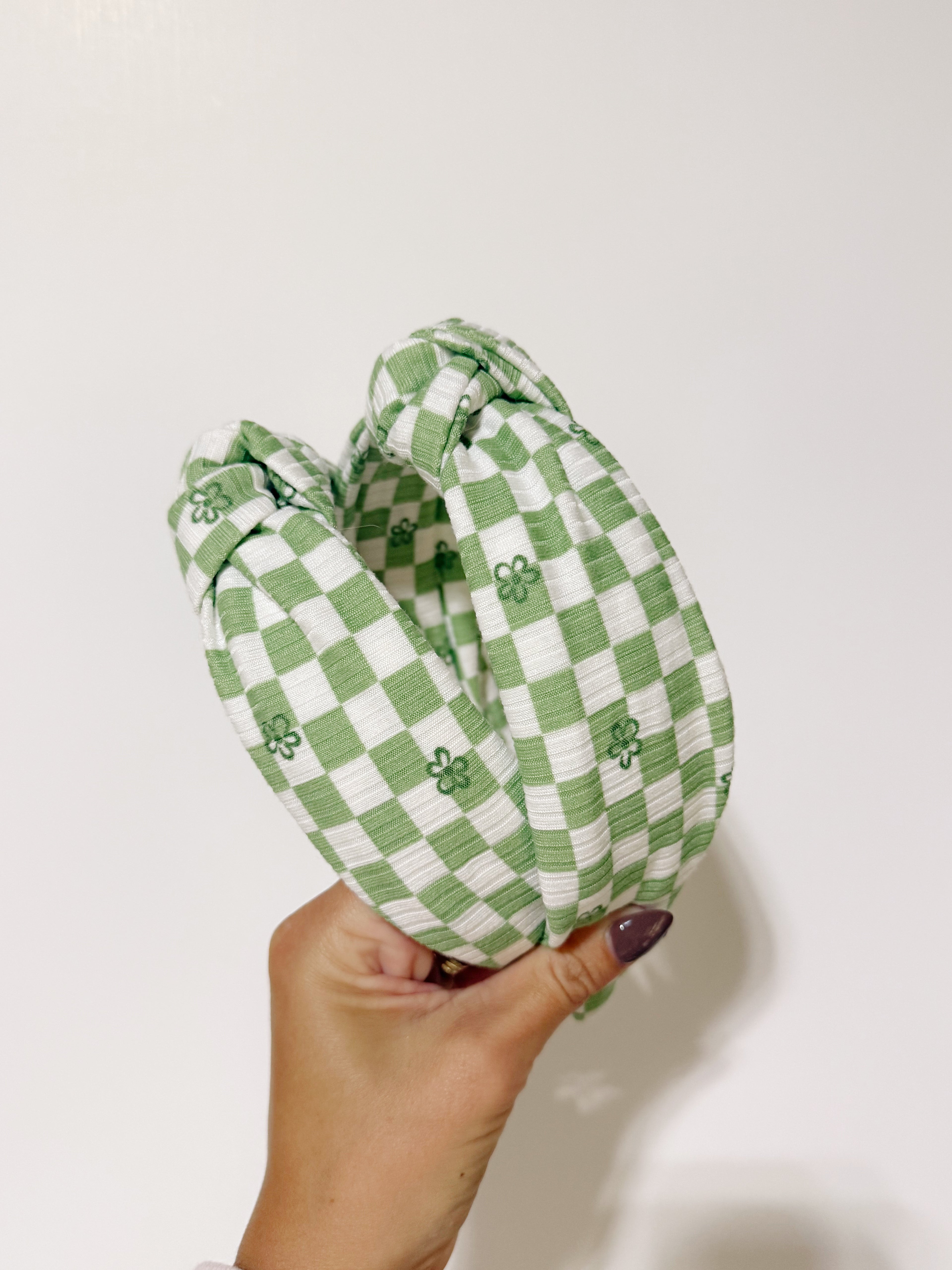 Green Checkered Floral Knotted Headband
