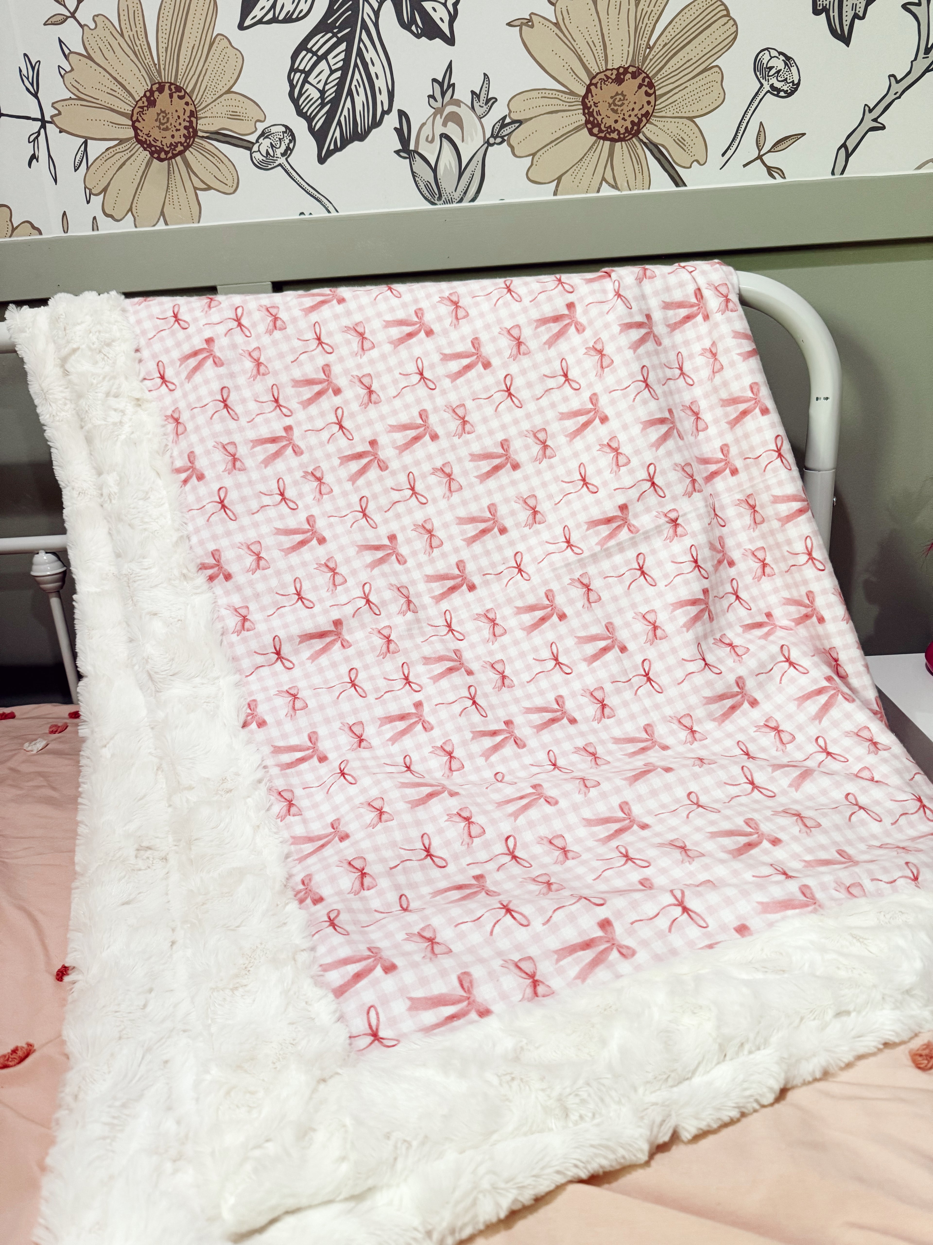 Pink Bows Gingham on Cream Snuggle Blankets