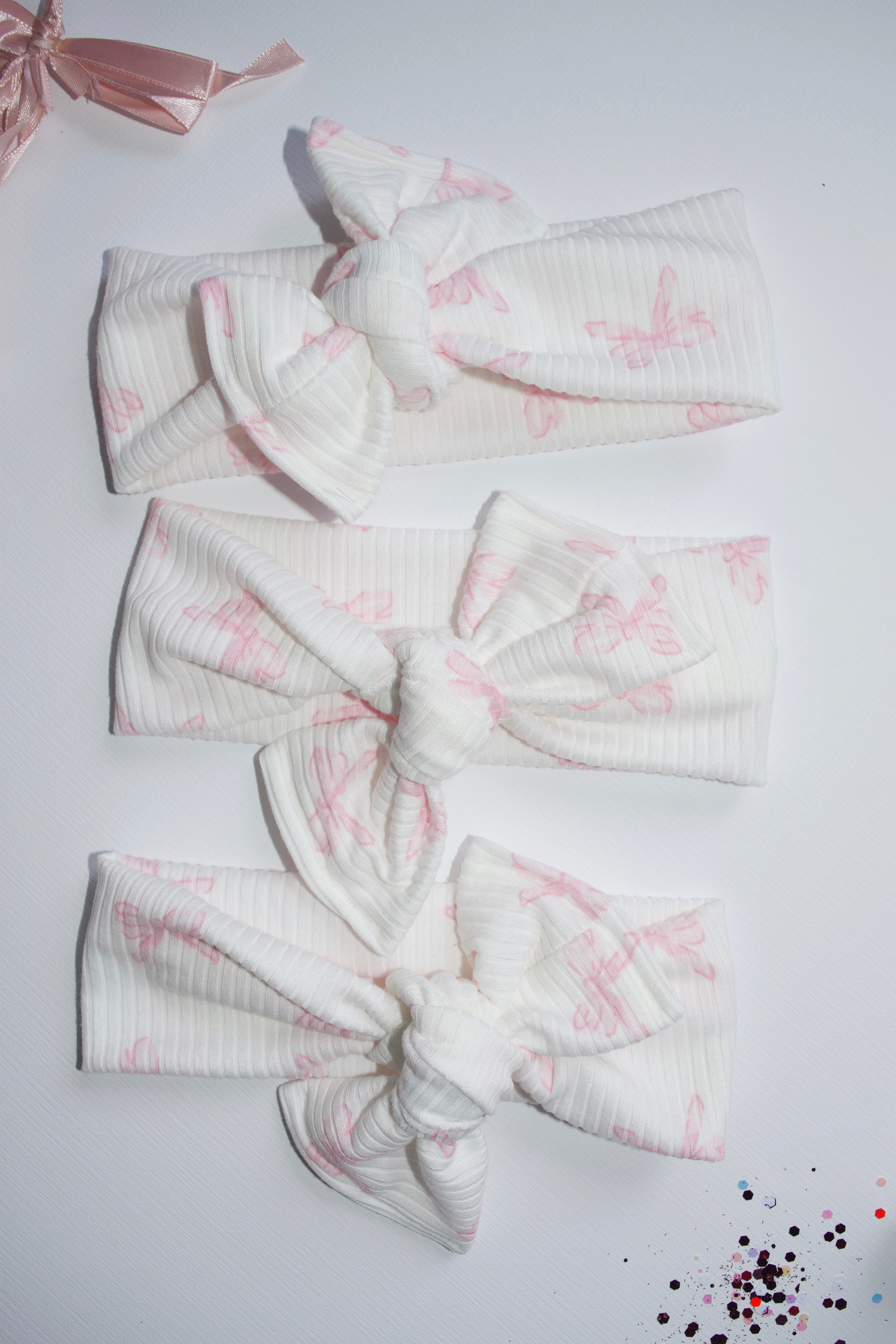 Ribbed White & Pink Bows Headwraps