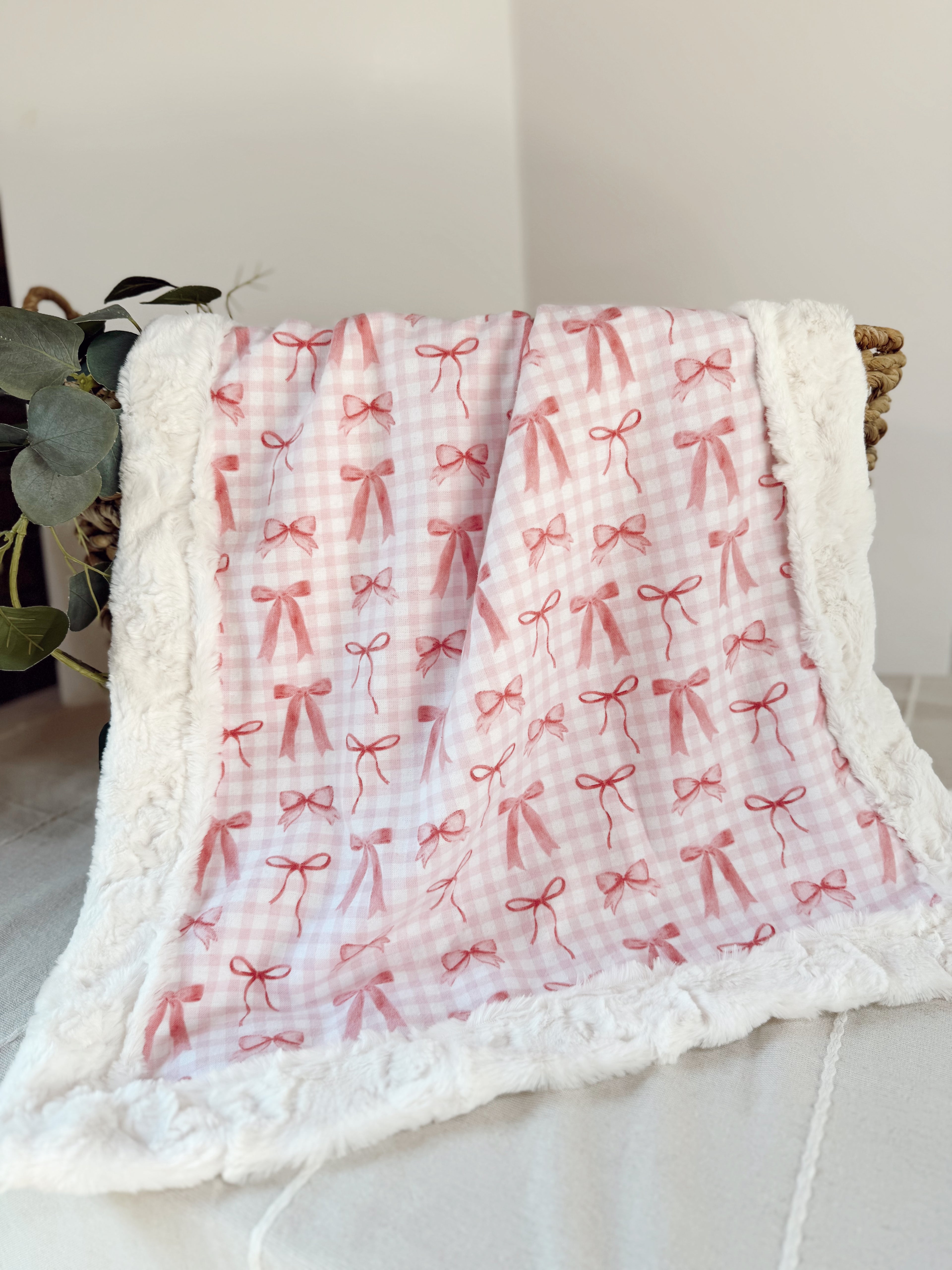 Pink Bows Gingham on Cream Snuggle Blankets