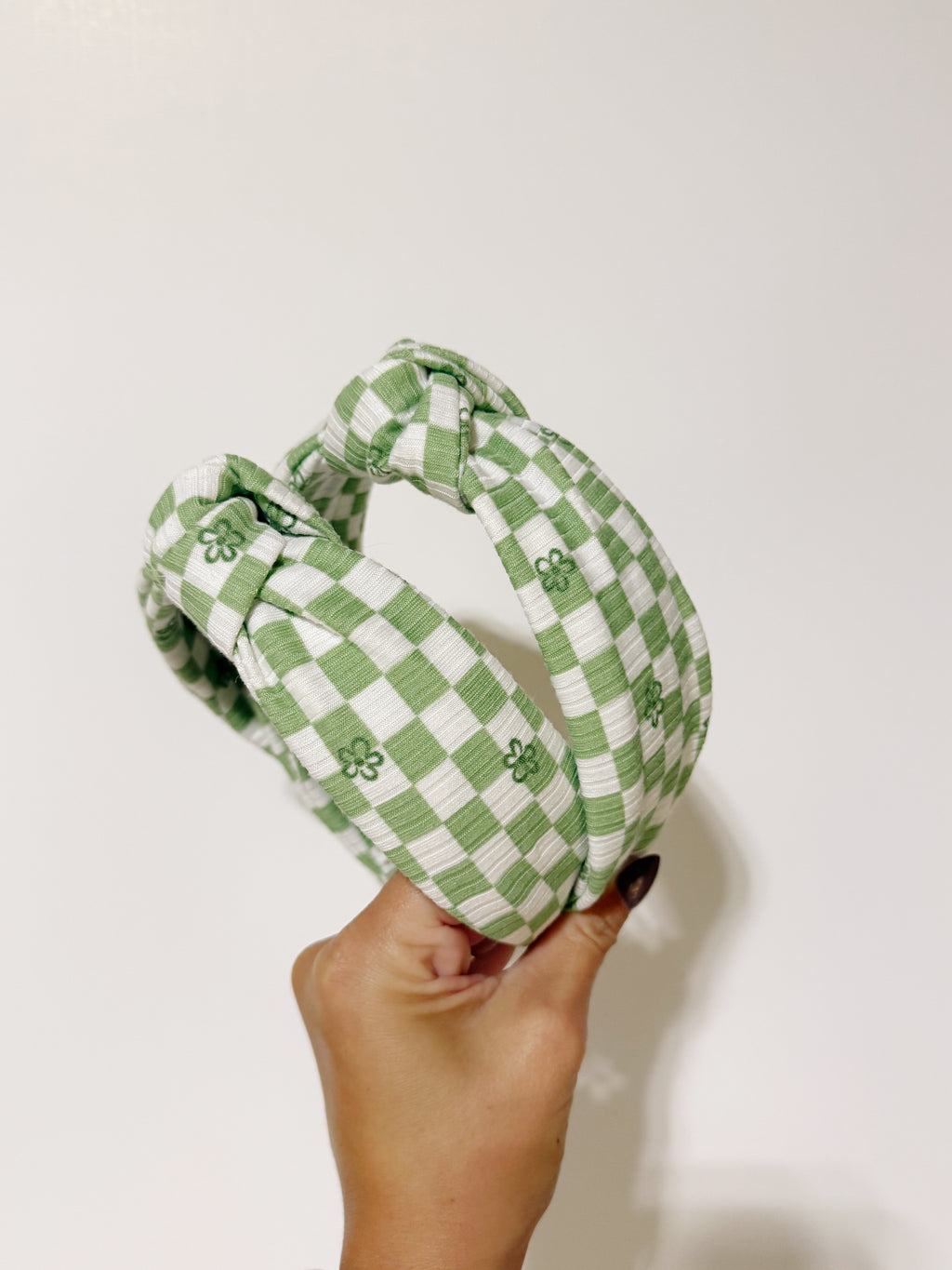 Green Checkered Floral Knotted Headband