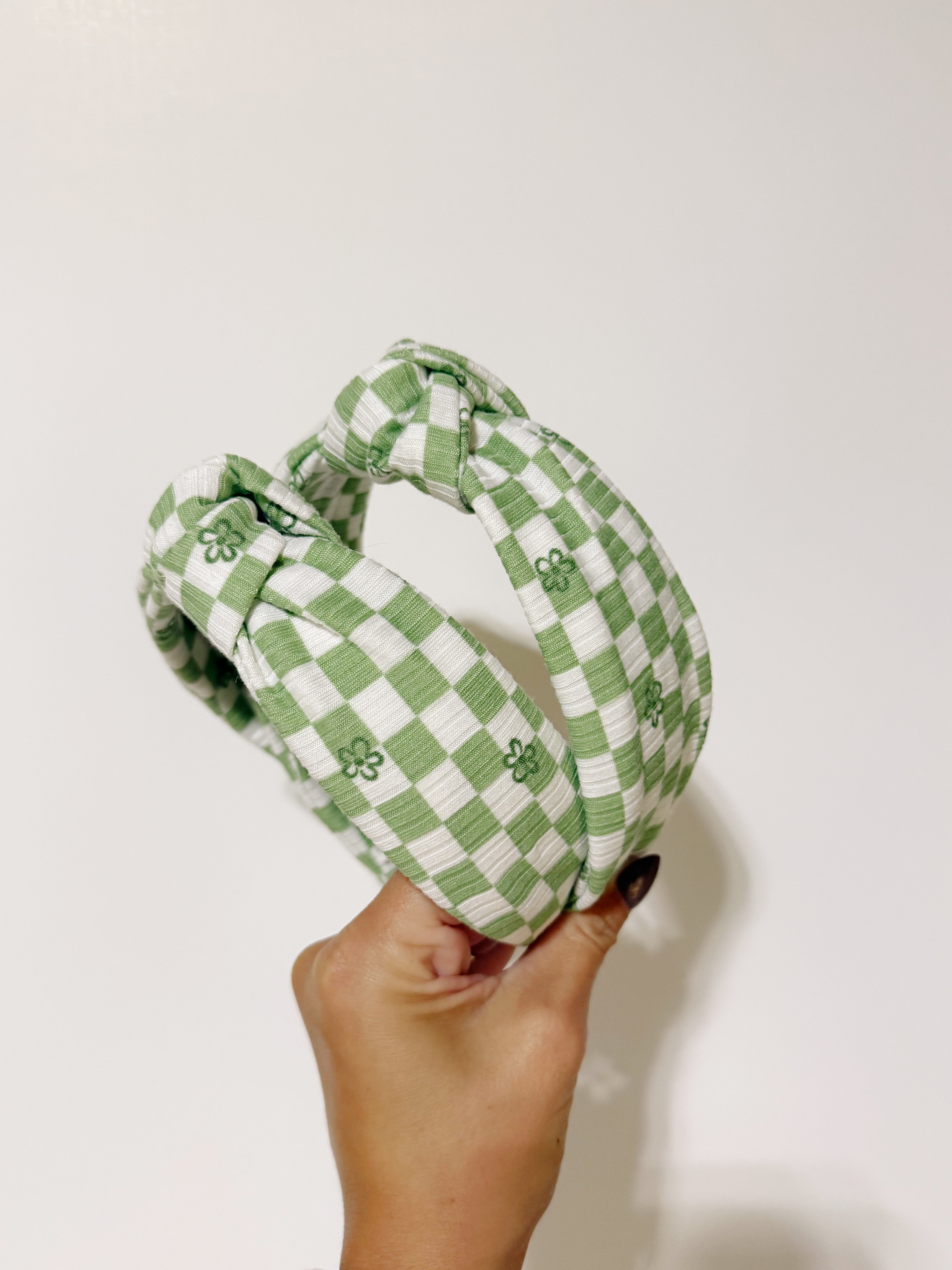 Green Checkered Floral Knotted Headband