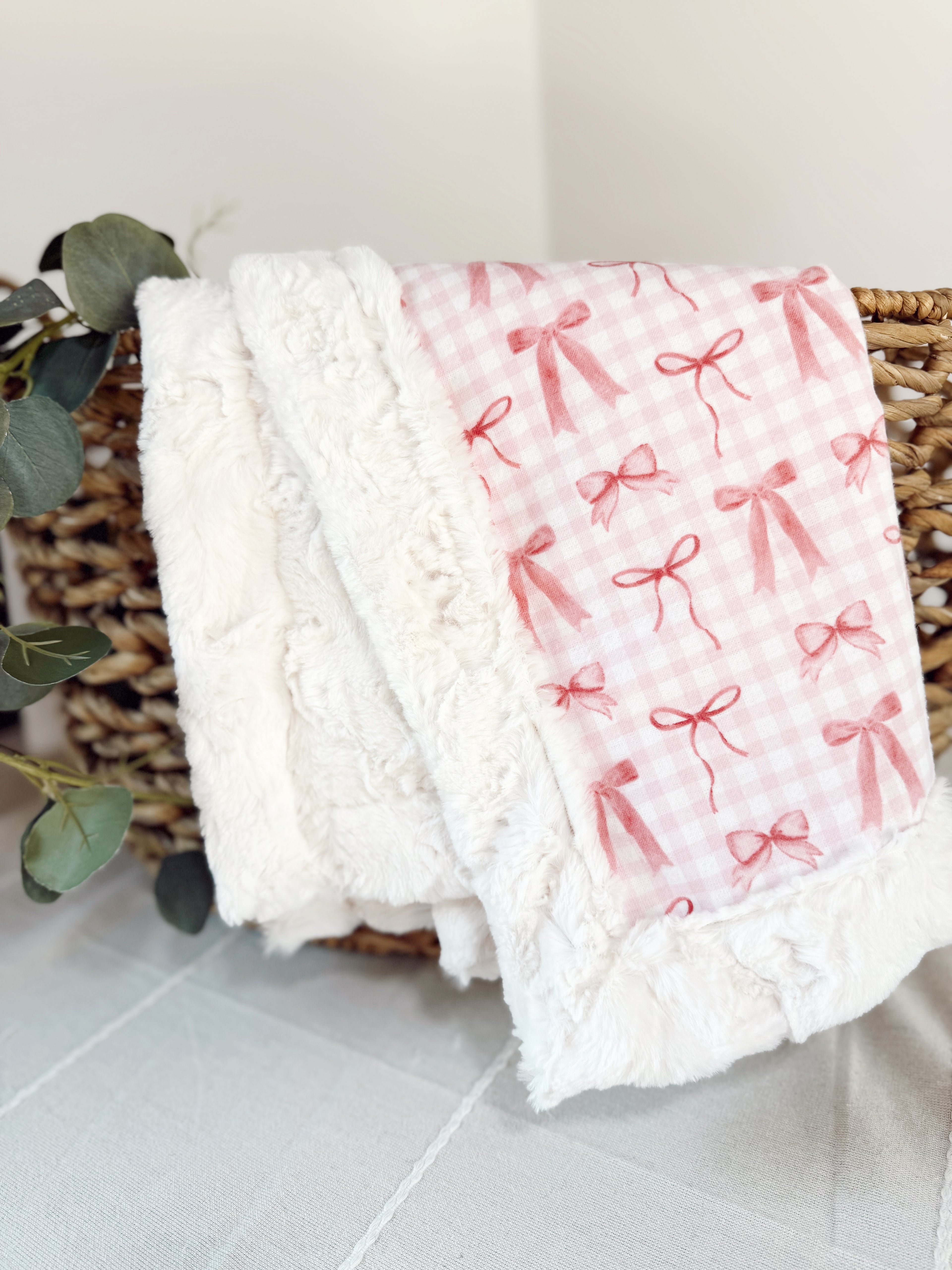 Pink Bows Gingham on Cream Snuggle Blankets